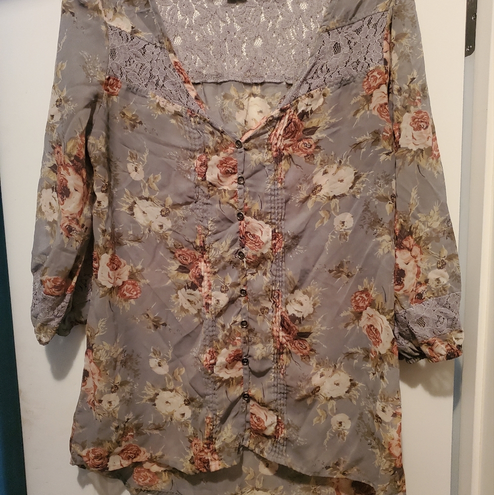 Button down mid sleeve lace detail blouse